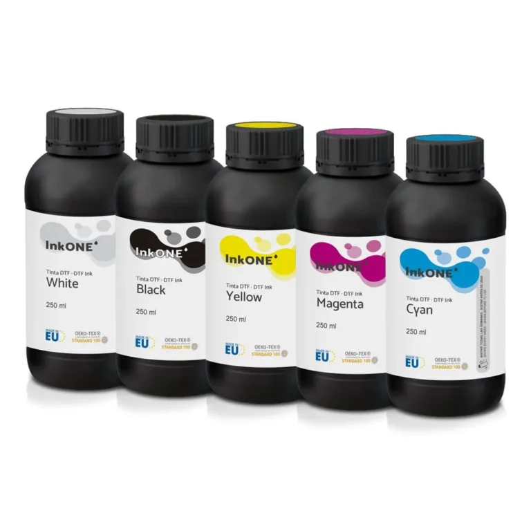Pack Tintas DTF InkOne CMYKW – Sistema Completo Profesional (250 ml / 1 L)