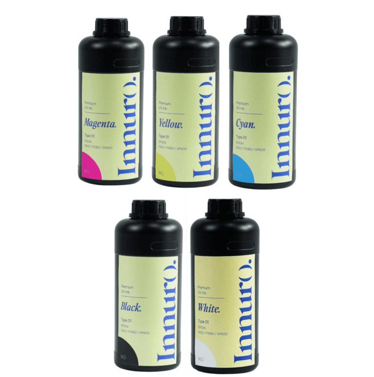 Pack Tintas UV DTF Innuro Pro Color CMYK + Blanca + Barniz + Light