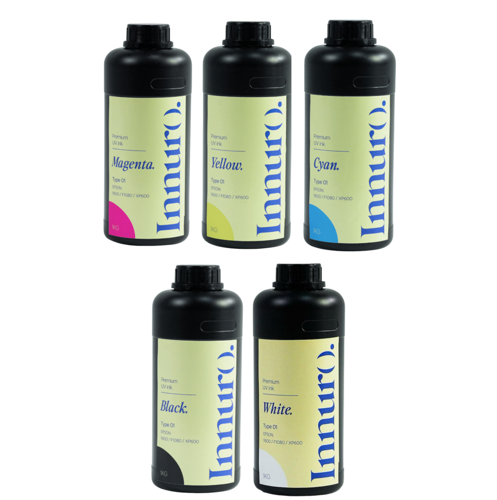 pack tintas uv dtf innuro cmyk blanca barniz light