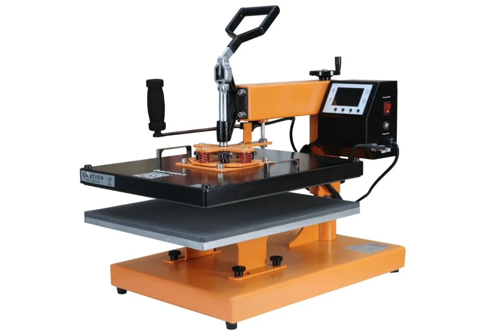 Plancha transfer combo 8 en 1 Beinsen Jamaica abierta, vista 3/4, con plato textil giratorio y cabezal calefactor naranja y negro
