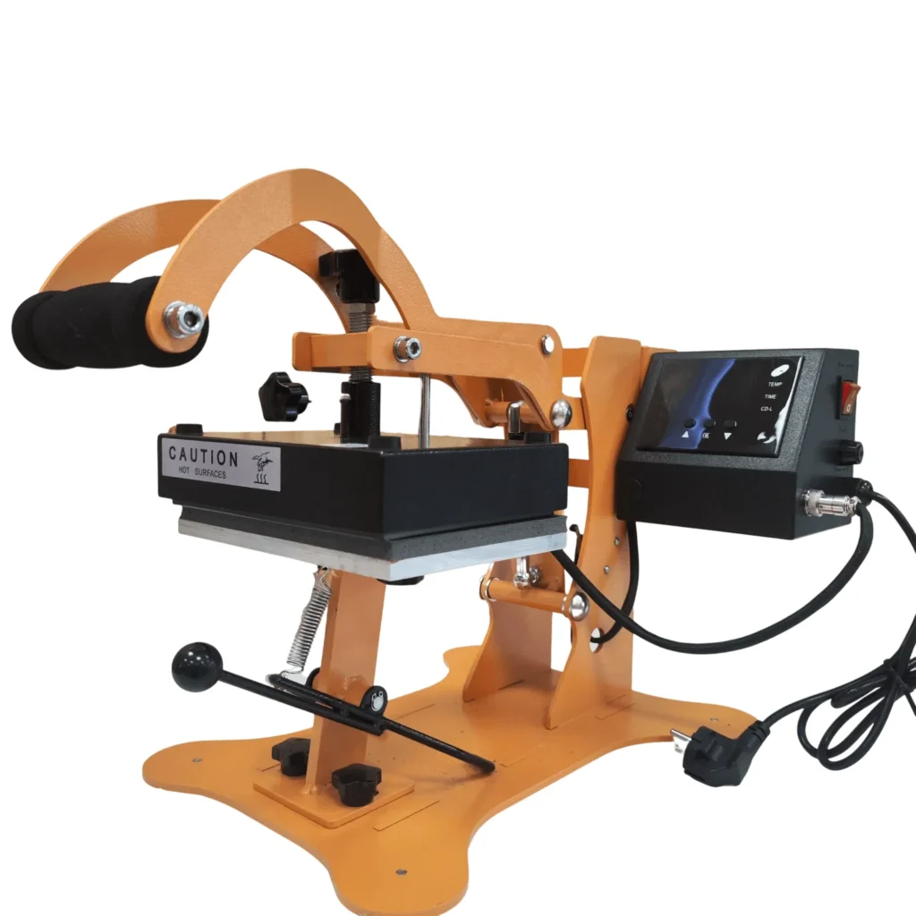 Plancha transfer manual para gorras Beinsen Gante, vista 3/4, con estructura naranja, plato curvo y controlador digital lateral