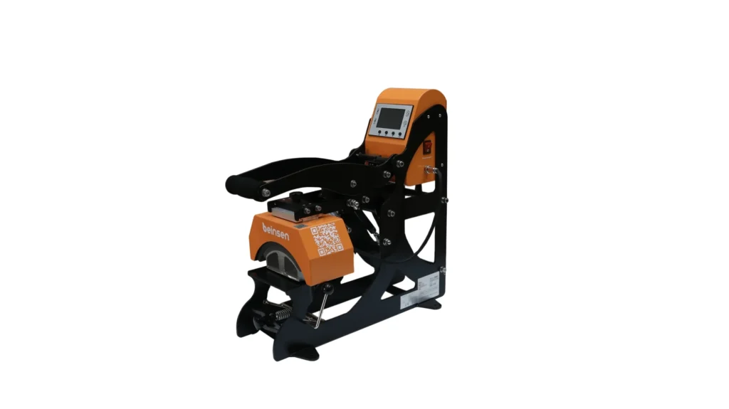 Plancha transfer para gorras Beinsen Obrei abierta, vista 3/4, con estructura naranja, plato curvo para gorras y controlador digital superior