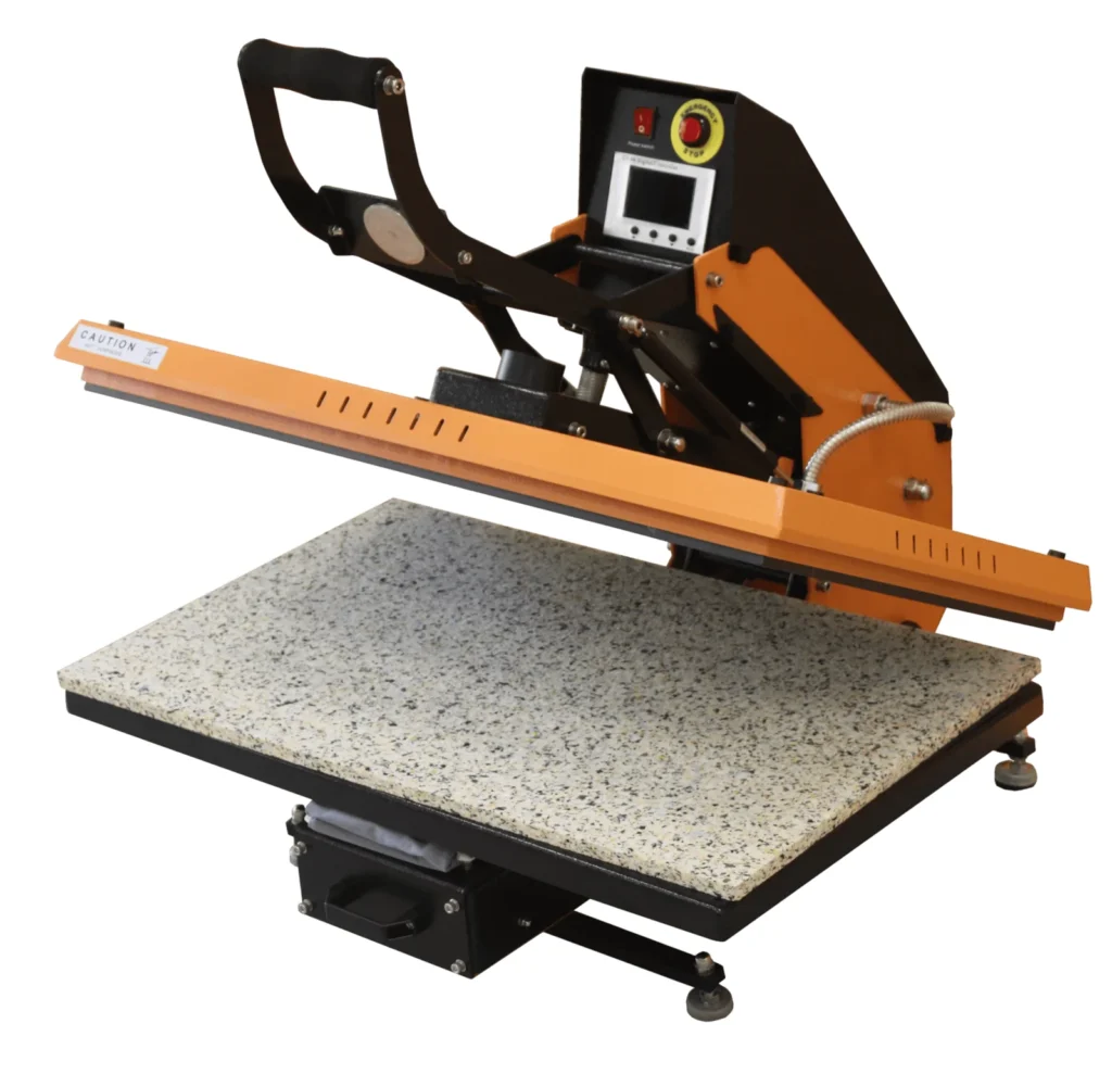 Plancha transfer de gran formato Beinsen Doha abierta, vista 3/4, con estructura naranja, brazo de palanca, plato de 50x80 cm acabado piedra y controlador digital