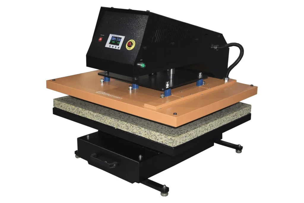 Plancha térmica neumática Beinsen Normandía III abierta vista en ángulo, con panel de control y base desplazable