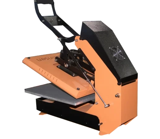 Vista trasera 3/4 de la plancha Beinsen Doha mostrando el brazo de palanca con resorte de gas asistido y la rejilla de ventilación, con marca Beinsen