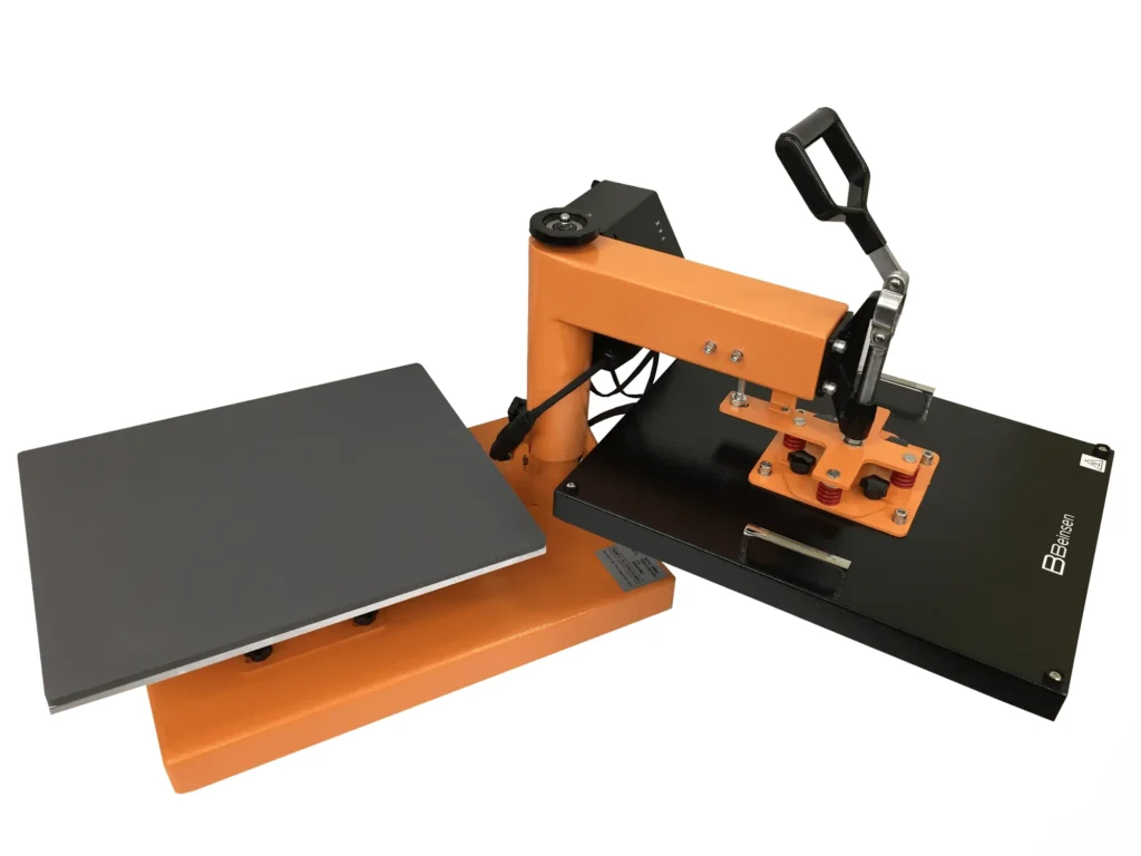 Plancha Beinsen Jamaica con el plato textil de 40x50 cm abierto en posición giratoria, vista lateral
