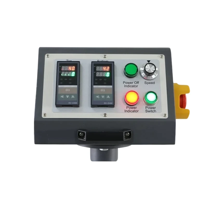 Panel de control de la Beinsen Tobago con dos controladores digitales REX-C400 (calefactor superior e inferior), regulador de velocidad y botones de encendido