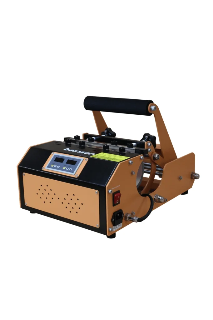 Plancha de tazas Beinsen Maine cerrada en vista tres cuartos con el doble controlador digital y la carcasa antracita y naranja