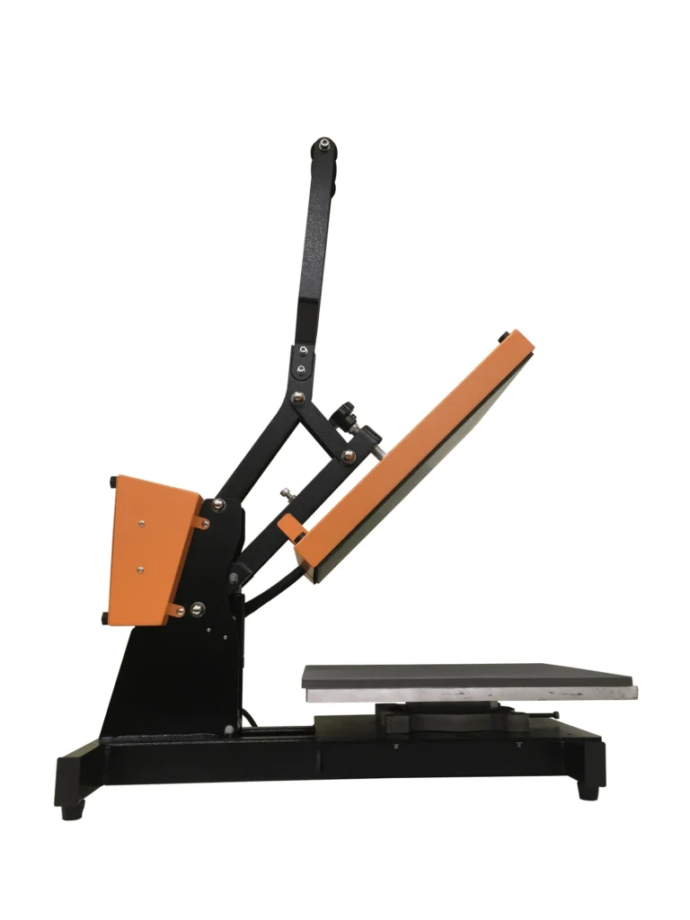 Plancha transfer Beinsen Belice vista de perfil mostrando el brazo de palanca de cierre manual y el regulador de presión superior