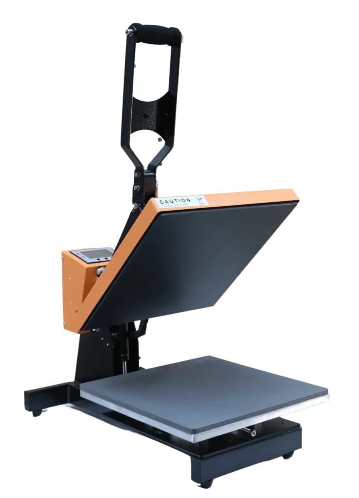Plancha transfer Beinsen Belice abierta vista de frente, con el plato inferior de prensado y el controlador digital naranja