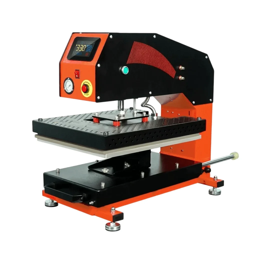 Prensa transfer neumática Beinsen Esparta abierta, vista 3/4, con estructura naranja, plato 40×50 cm y panel de control táctil