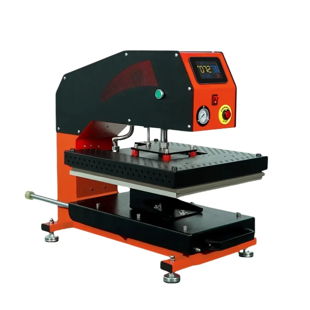 Plancha transfer neumática Beinsen Esparta vista lateral con el plato superior calefactor y manómetro de presión