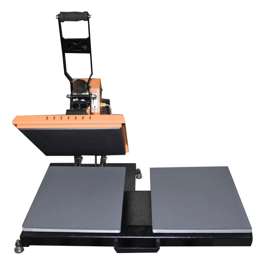 Plancha transfer Beinsen Guyana de frente con la placa calefactora superior bajada sobre el doble plato y la marca Beinsen