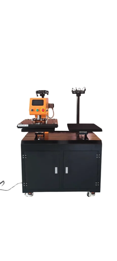 Prensa térmica Beinsen Miranda vista de frente mostrando las dos estaciones de trabajo de 40x50 cm y la mesa negra con 4 ruedas