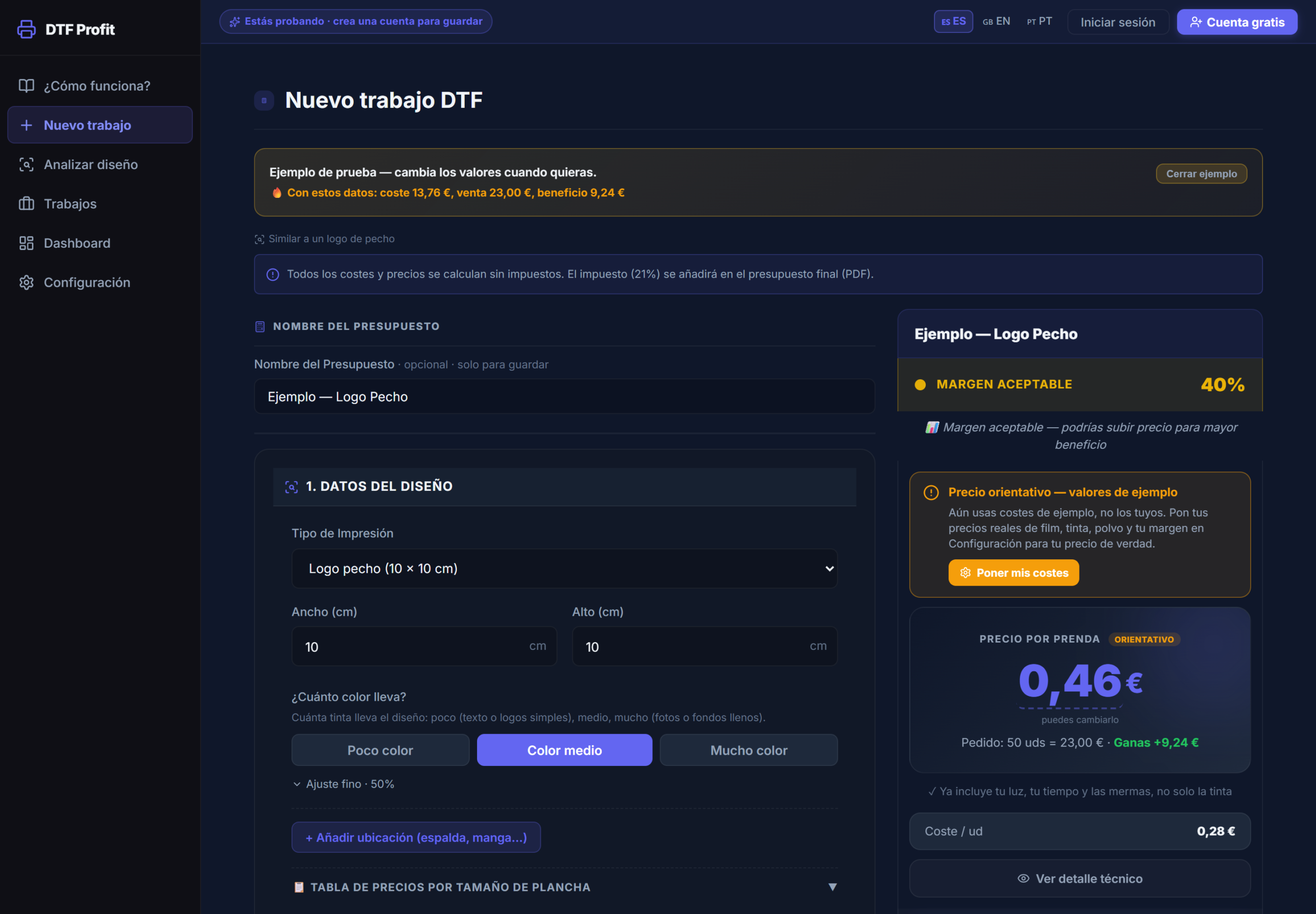 Calculadora DTF mostrando coste, precio por prenda y beneficio