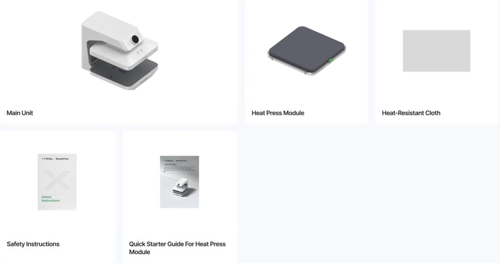 Contenido de la caja de la plancha xTool WonderPress