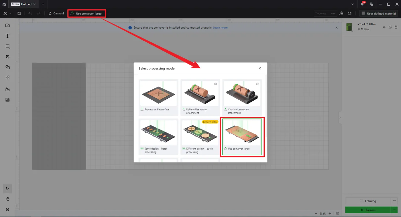 (XCS V2.1 o posterior) Cómo usar el Conveyor para procesar un material grande con la xTool F1 Ultra (XCS V2.1 o posterior) Cómo usar el Conveyor para procesar un material grande con la xTool F1 Ultra