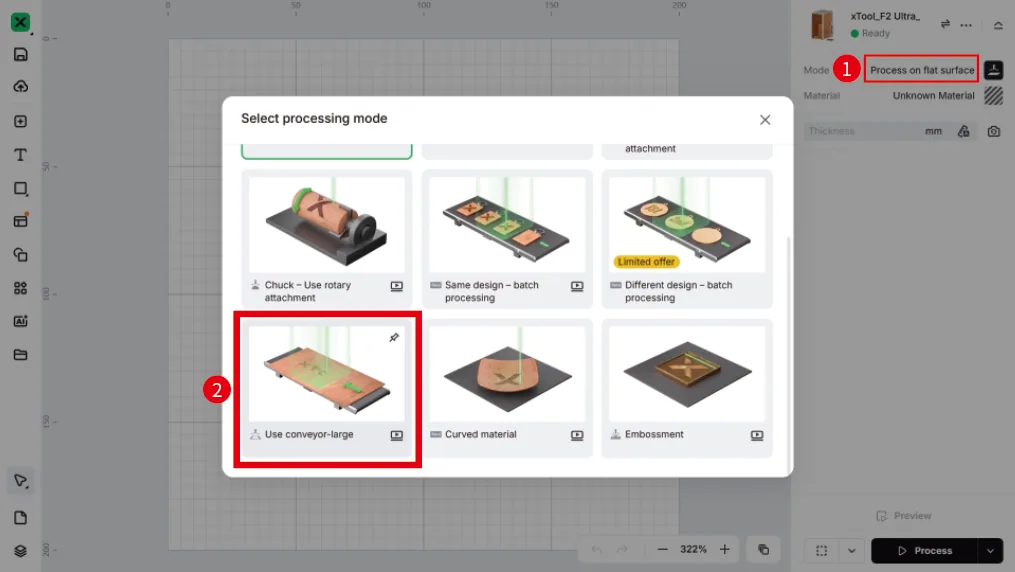 (xTool Studio) Usa la cinta transportadora para procesar un material grande con la xTool F2 Ultra UV image.png