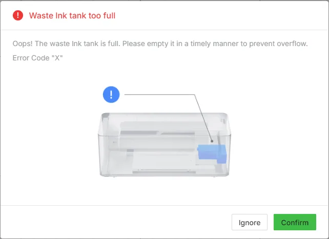 Solucionar el error «Waste ink tank too full» (depósito de tinta residual lleno) de la xTool Apparel Printer (código de error: X) Solucionar el error «Waste ink tank too full» (depósito de tinta residual lleno) de la xTool Apparel Printer (código de error: X)