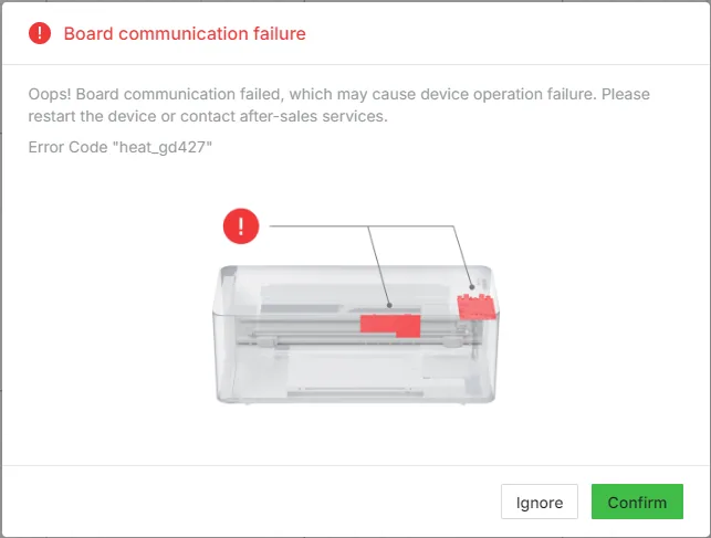 Diagnostica y soluciona el «Board communication failure» (código de error: heat_gd427) de la xTool Apparel Printer Diagnostica y soluciona el «Board communication failure» (código de error: heat_gd427) de la xTool Apparel Printer