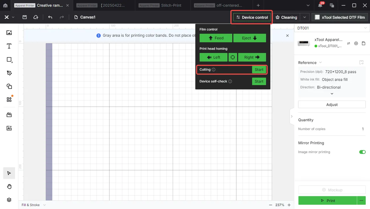 Solucionar el error "Cutting exceptions" (excepciones de corte) en la xTool Apparel Printer Solucionar el error "Cutting exceptions" (excepciones de corte) en la xTool Apparel Printer