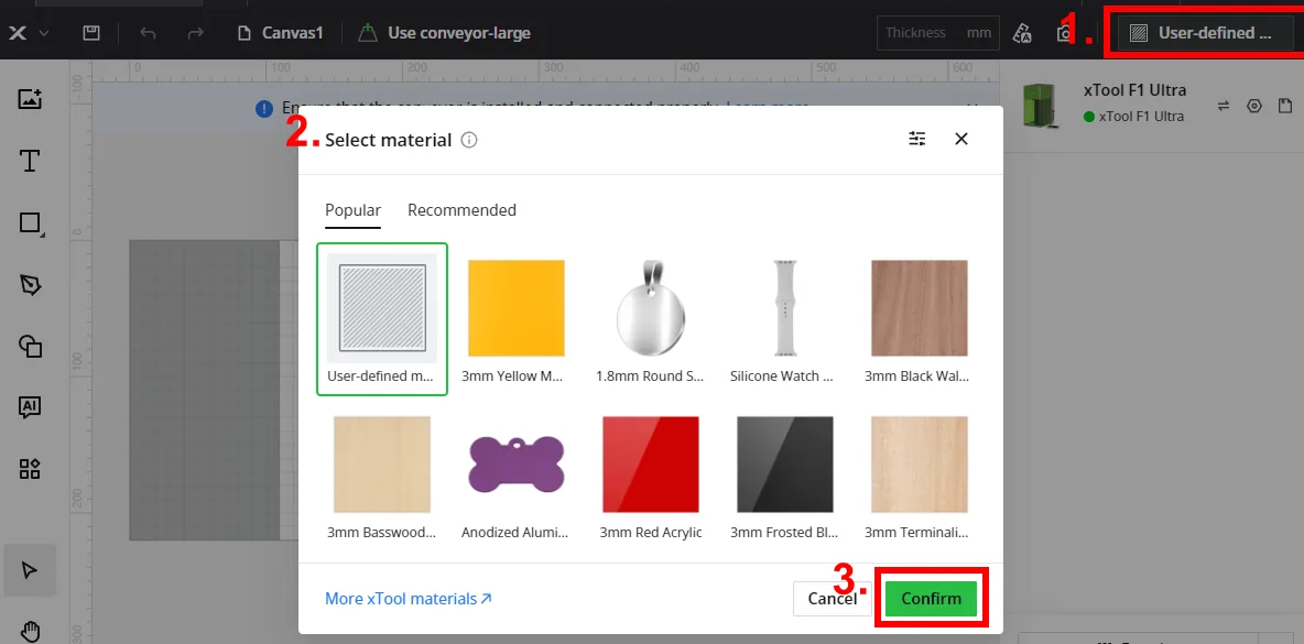 (XCS V2.1 o posterior) Cómo usar la cinta transportadora para procesar un material grande con la xTool F1 Ultra (XCS V2.1 o posterior) Cómo usar la cinta transportadora para procesar un material grande con la xTool F1 Ultra