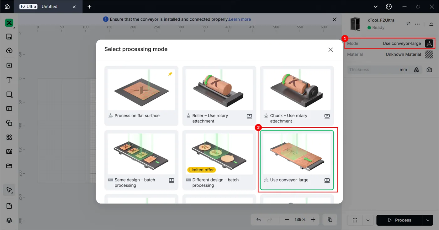 (xTool Studio) Usar la cinta transportadora para procesar un material grande con la xTool F2 Ultra image.png