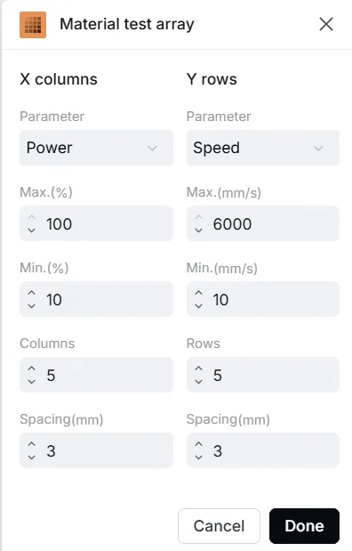 Parámetros de procesamiento de la xTool F2 Ultra UV (matriz de prueba) Parámetros de procesamiento de la xTool F2 Ultra UV (matriz de prueba)
