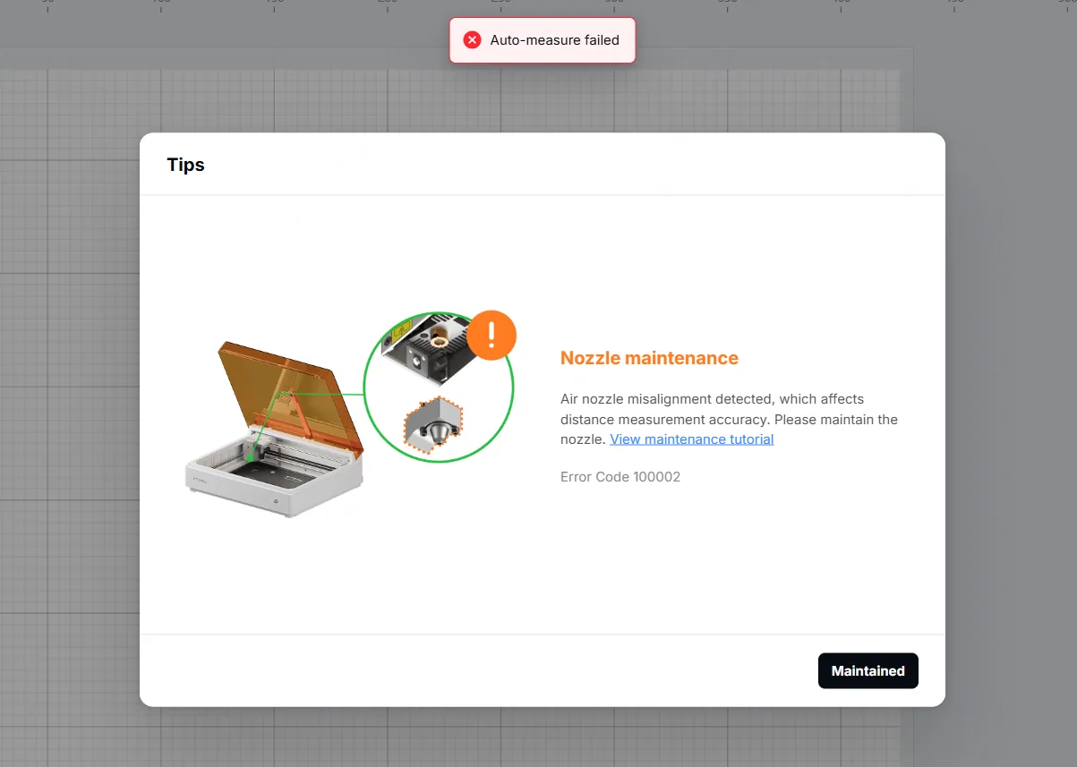 Solucionar el error «Medición automática fallida» en la xTool M2 Solucionar el error «Medición automática fallida» en la xTool M2