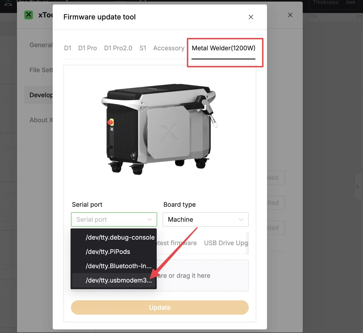 (xTool Studio) Guía de actualización de firmware de xTool MetalFab