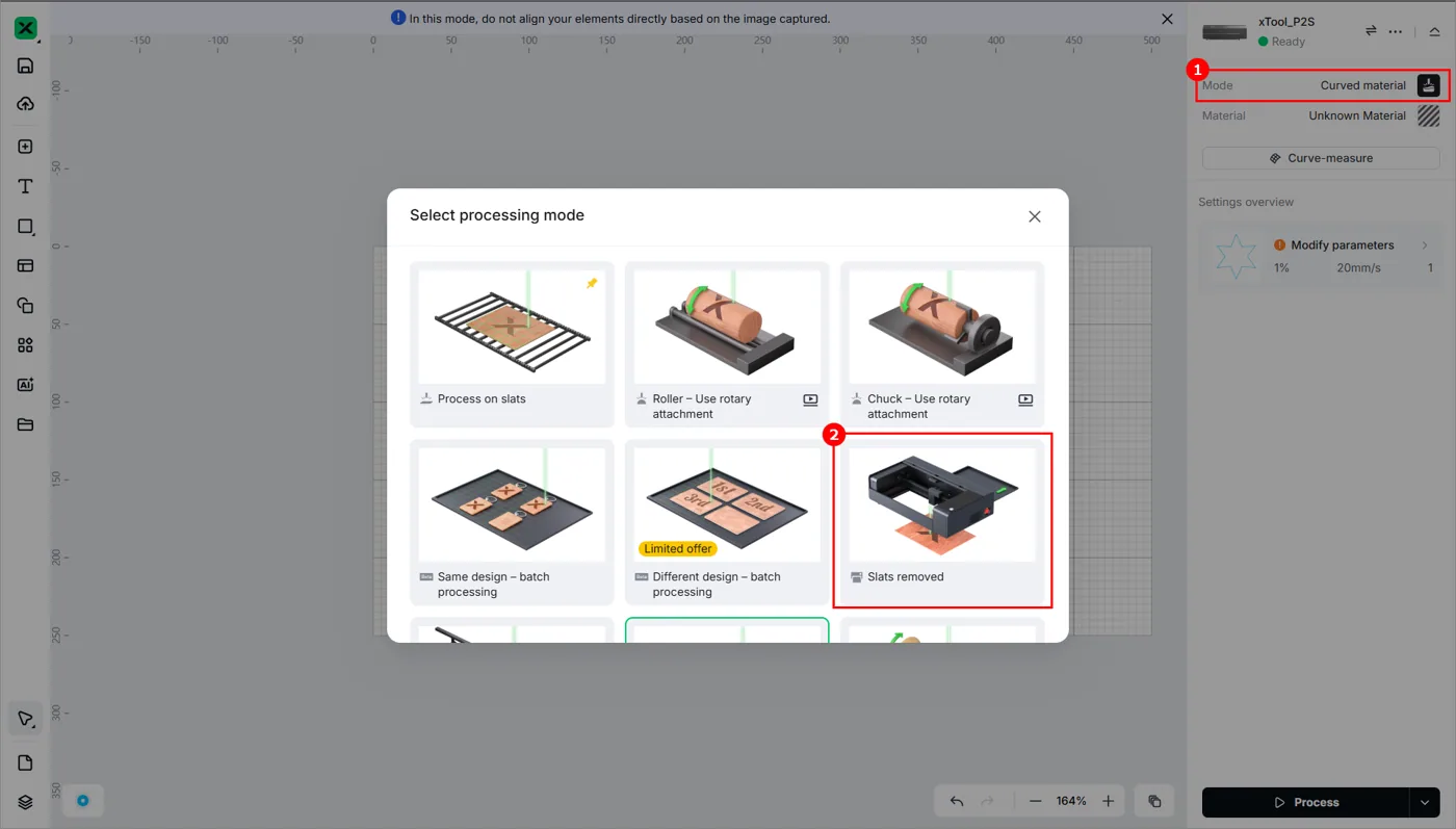 (xTool Studio) Usar el modo Sin listones (Slats removed) con la xTool P2S (xTool Studio) Usar el modo Sin listones (Slats removed) con la xTool P2S