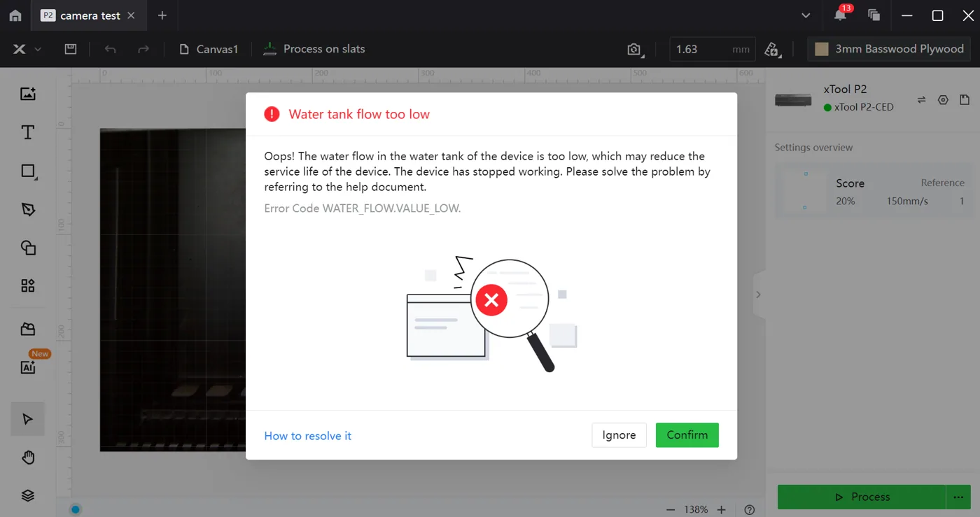 Solucionar "Flujo del depósito de agua demasiado bajo" en la xTool P2
