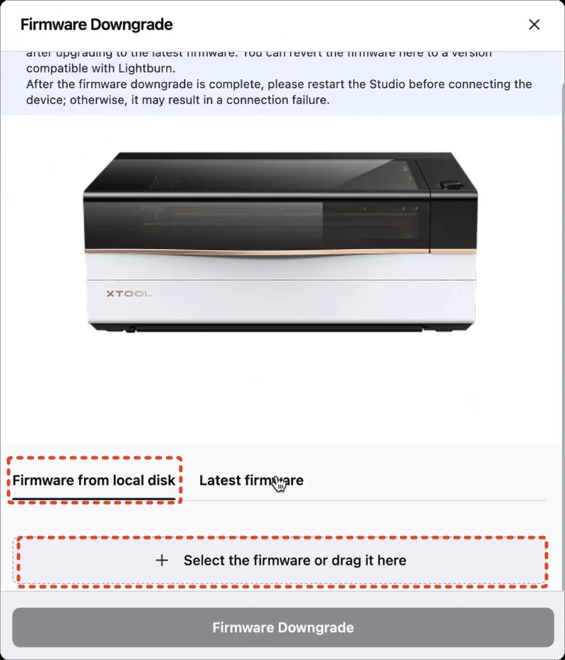 Revertir el firmware de la xTool P3 en xTool Studio Revertir el firmware de la xTool P3 en xTool Studio