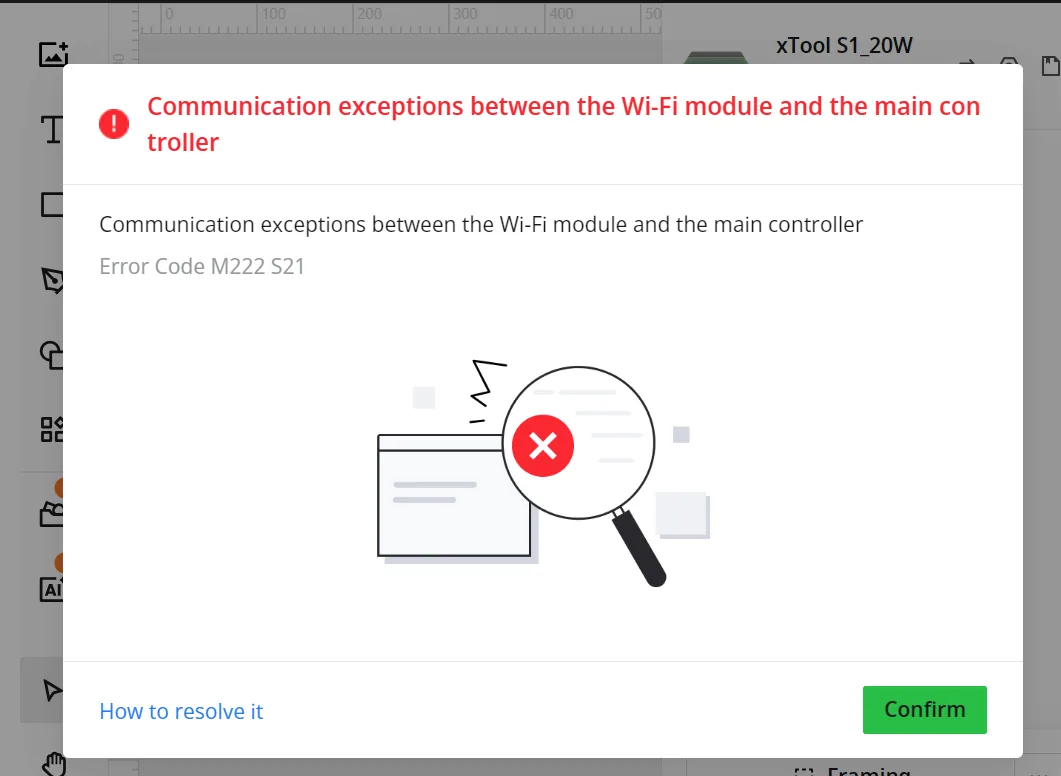 Solucionar “Excepciones de comunicación entre el módulo Wi-Fi y el controlador principal” (M222 S21) en la xTool S1 Solucionar “Excepciones de comunicación entre el módulo Wi-Fi y el controlador principal” (M222 S21) en la xTool S1