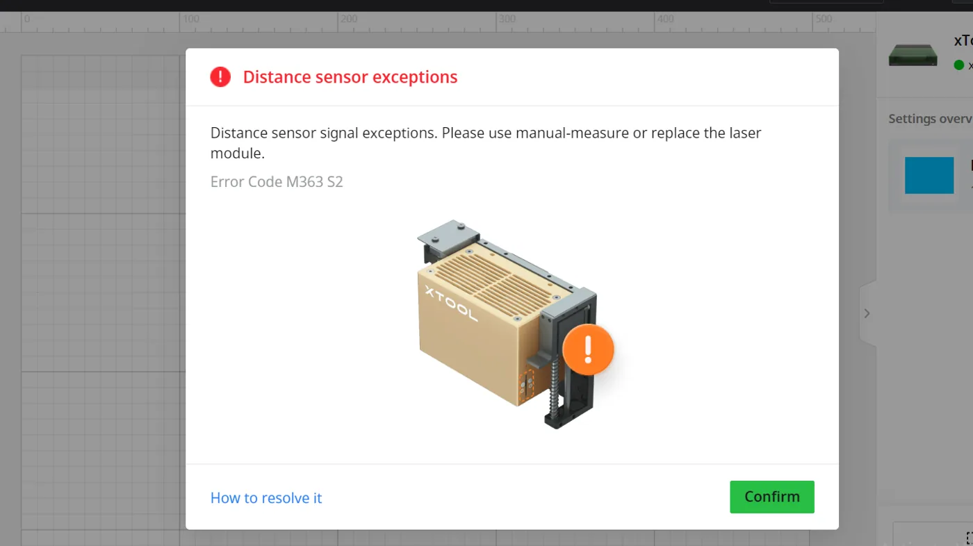 Recopilación de códigos de error de excepciones del sensor de distancia en la xTool S1 Recopilación de códigos de error de excepciones del sensor de distancia en la xTool S1