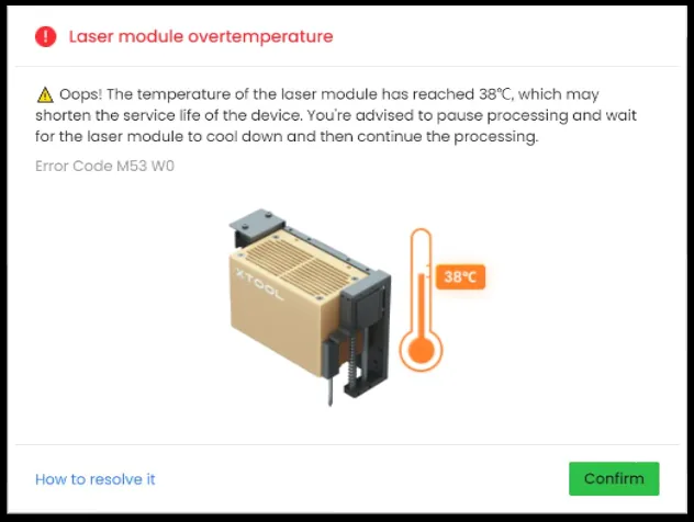 Resolución del error “Sobretemperatura del módulo láser” (M53 W0) en la xTool S1 Resolución del error “Sobretemperatura del módulo láser” (M53 W0) en la xTool S1
