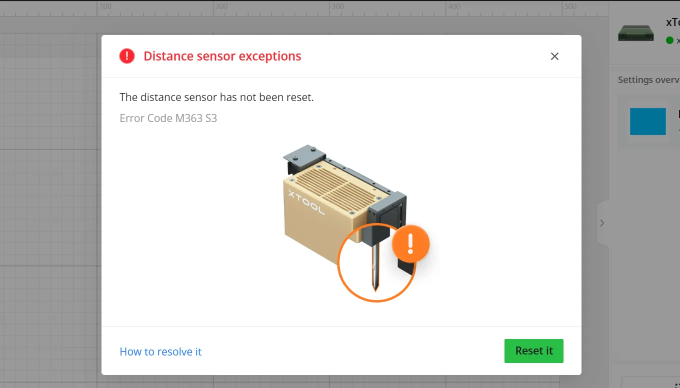 Solucionar el error «El sensor de distancia no se ha reiniciado» (M363 S3) en xTool S1 Solucionar el error «El sensor de distancia no se ha reiniciado» (M363 S3) en xTool S1