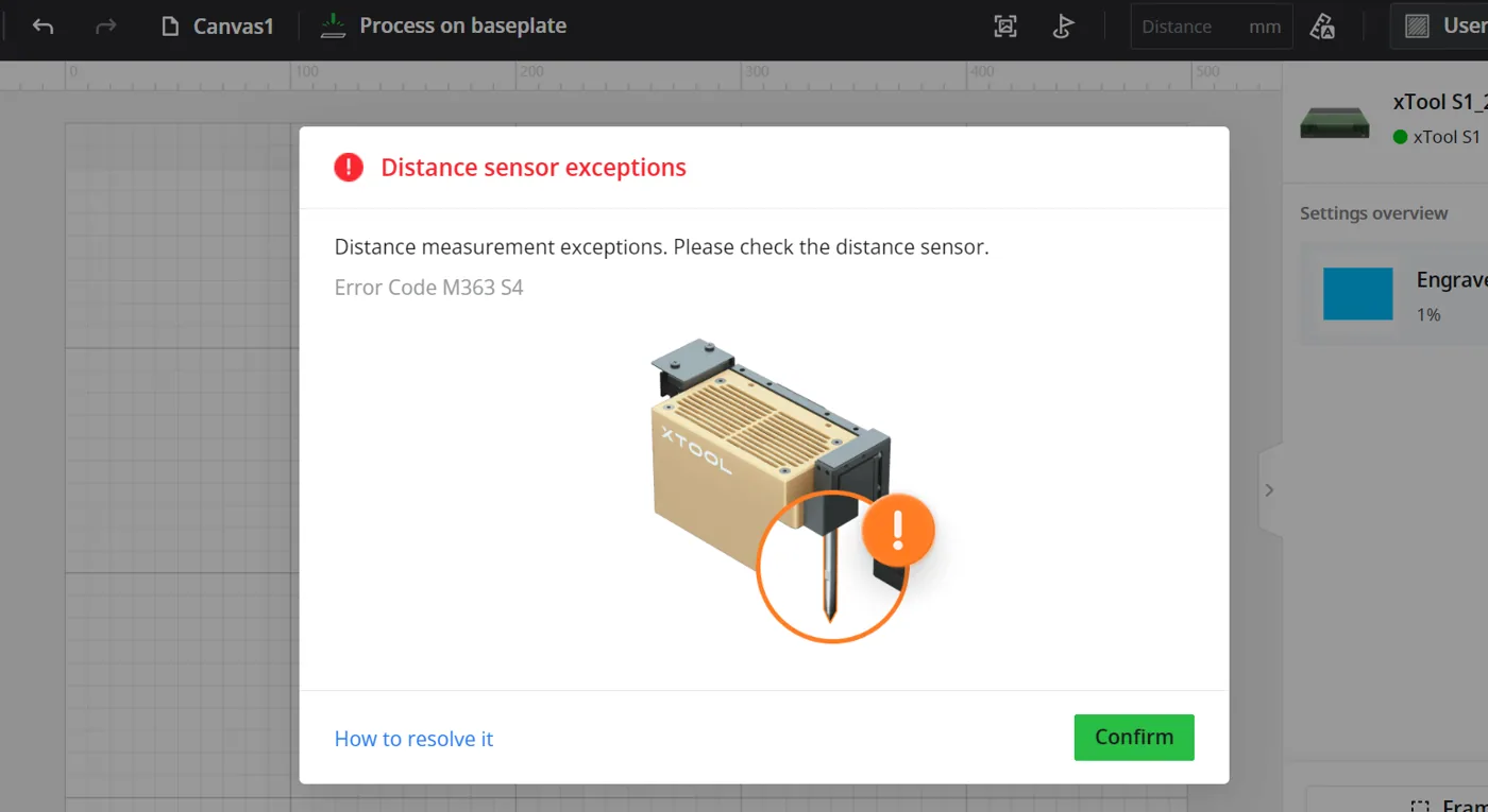 Solución de “Excepciones de medición de distancia” (M363 S4) en xTool S1 Solución de “Excepciones de medición de distancia” (M363 S4) en xTool S1