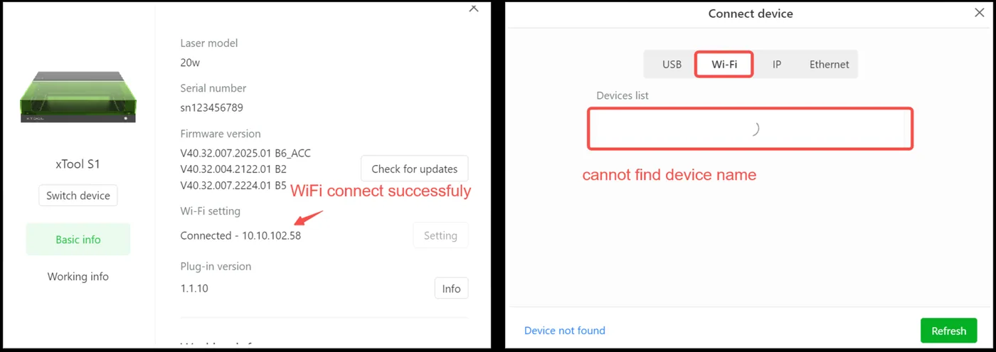 La xTool S1 no puede establecer conexión Wi-Fi con XCS La xTool S1 no puede establecer conexión Wi-Fi con XCS