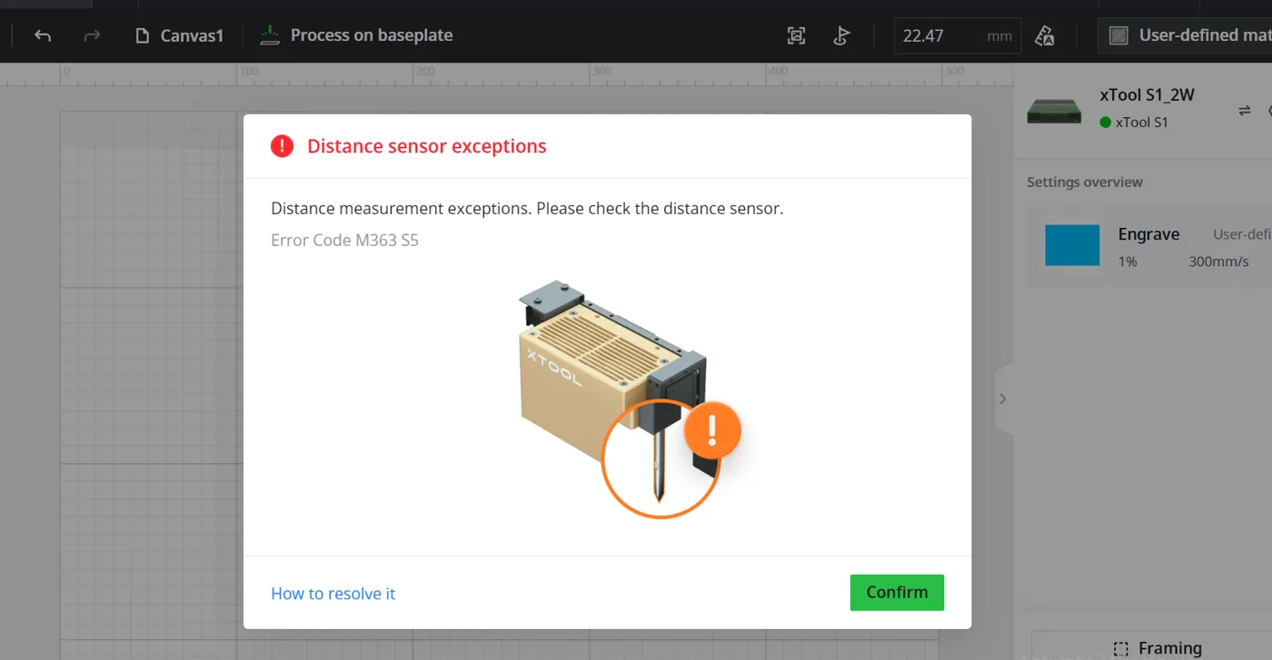 Solución de «Excepciones en la medición de distancia» (M363 S5) para la xTool S1 Solución de «Excepciones en la medición de distancia» (M363 S5) para la xTool S1
