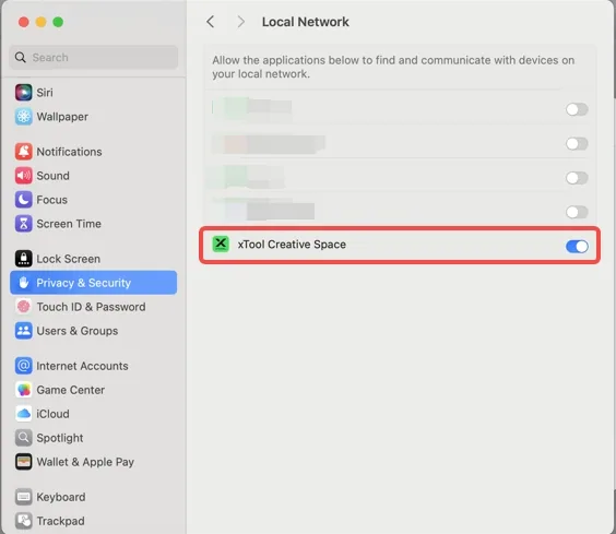 Solucionar el fallo de conexión de macOS (15 o superior) con el dispositivo xTool For xTool Creative Space