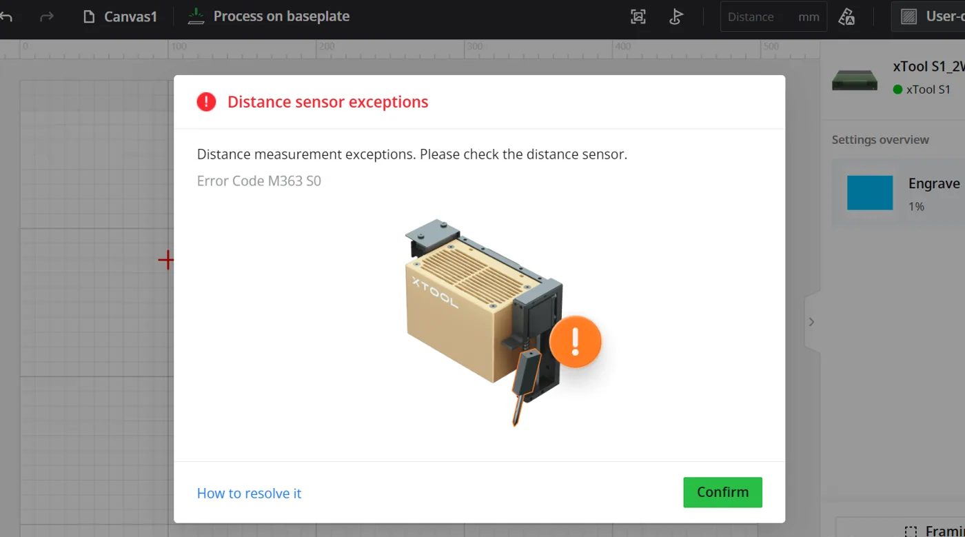 Recopilación de códigos de error de excepciones del sensor de distancia en la xTool S1 Recopilación de códigos de error de excepciones del sensor de distancia en la xTool S1