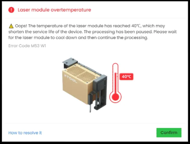 Resolución del error “Sobretemperatura del módulo láser” (M53 W0) en la xTool S1 Resolución del error “Sobretemperatura del módulo láser” (M53 W0) en la xTool S1