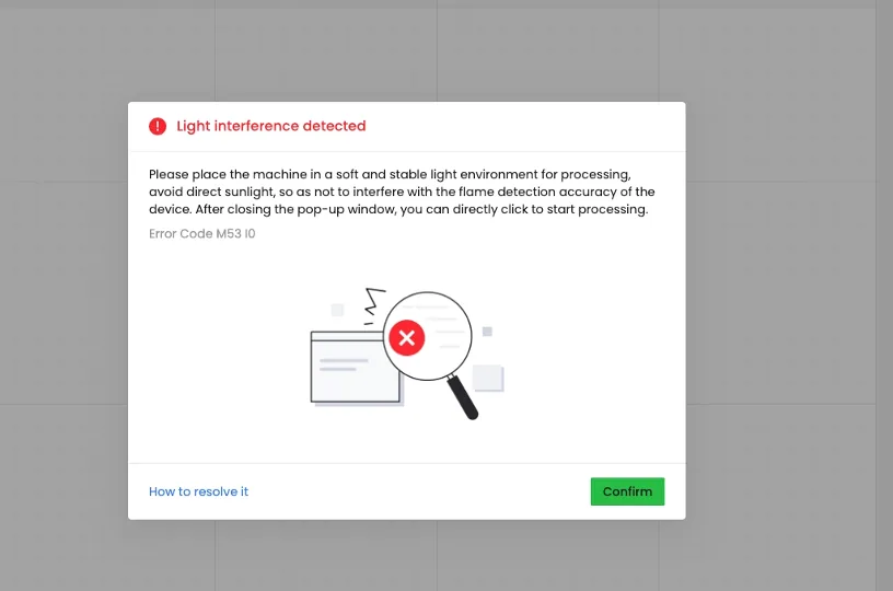 Solucionar "Interferencia de luz detectada" (M53 I0) en la xTool S1 Solucionar "Interferencia de luz detectada" (M53 I0) en la xTool S1