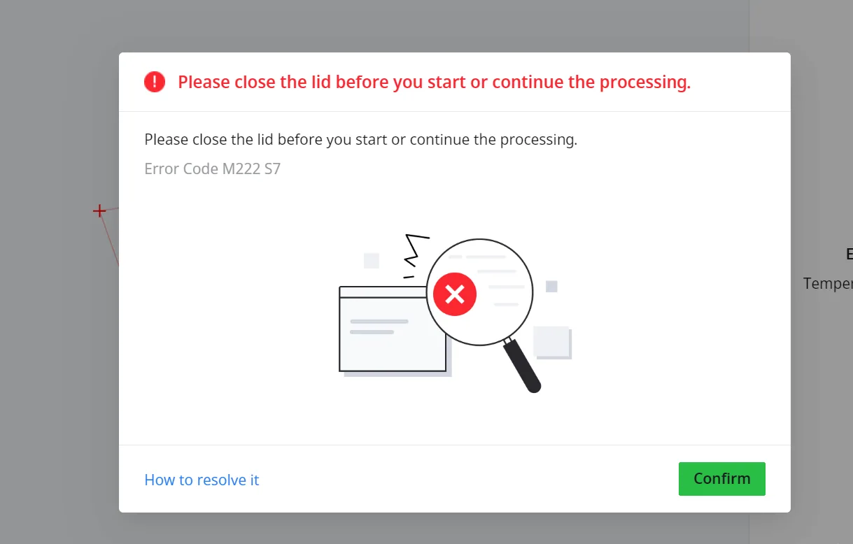 Solución del error «Iniciar el procesamiento con un archivo de proyecto o con la tapa abierta» (M222 S7) en la xTool S1 Solución del error «Iniciar el procesamiento con un archivo de proyecto o con la tapa abierta» (M222 S7) en la xTool S1