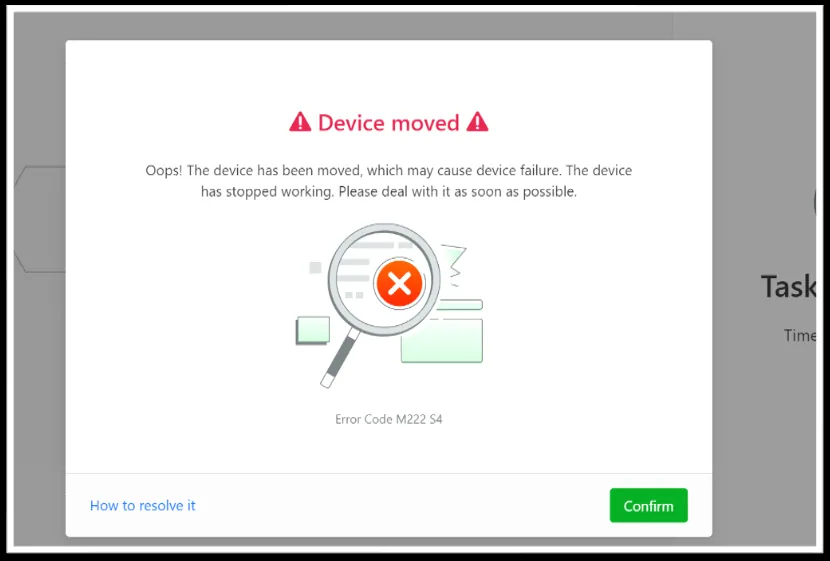 Resolución del error “Dispositivo movido” (M222 S4) en la xTool S1 Resolución del error “Dispositivo movido” (M222 S4) en la xTool S1