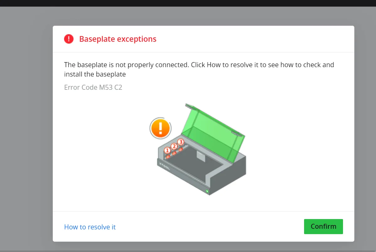 Solución de «Excepciones de base o base elevadora» (M53 C1/C2/W2) en la xTool S1 Solución de «Excepciones de base o base elevadora» (M53 C1/C2/W2) en la xTool S1