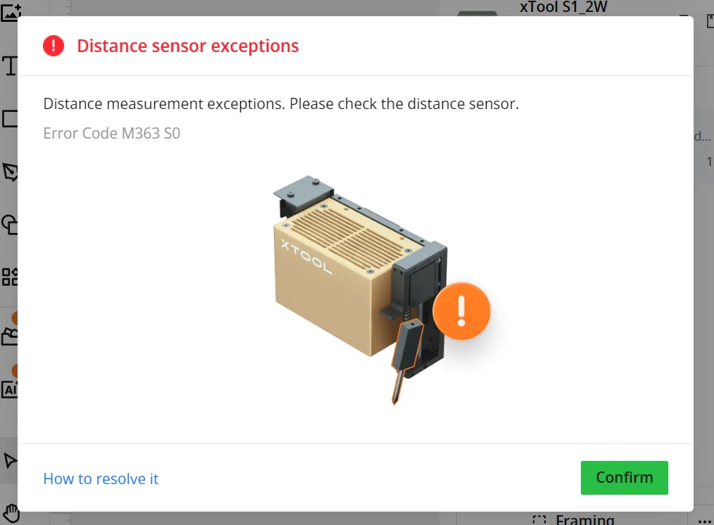 Solucionar las «Excepciones de medición de distancia» (M363 S0) de la xTool S1 Solucionar las «Excepciones de medición de distancia» (M363 S0) de la xTool S1