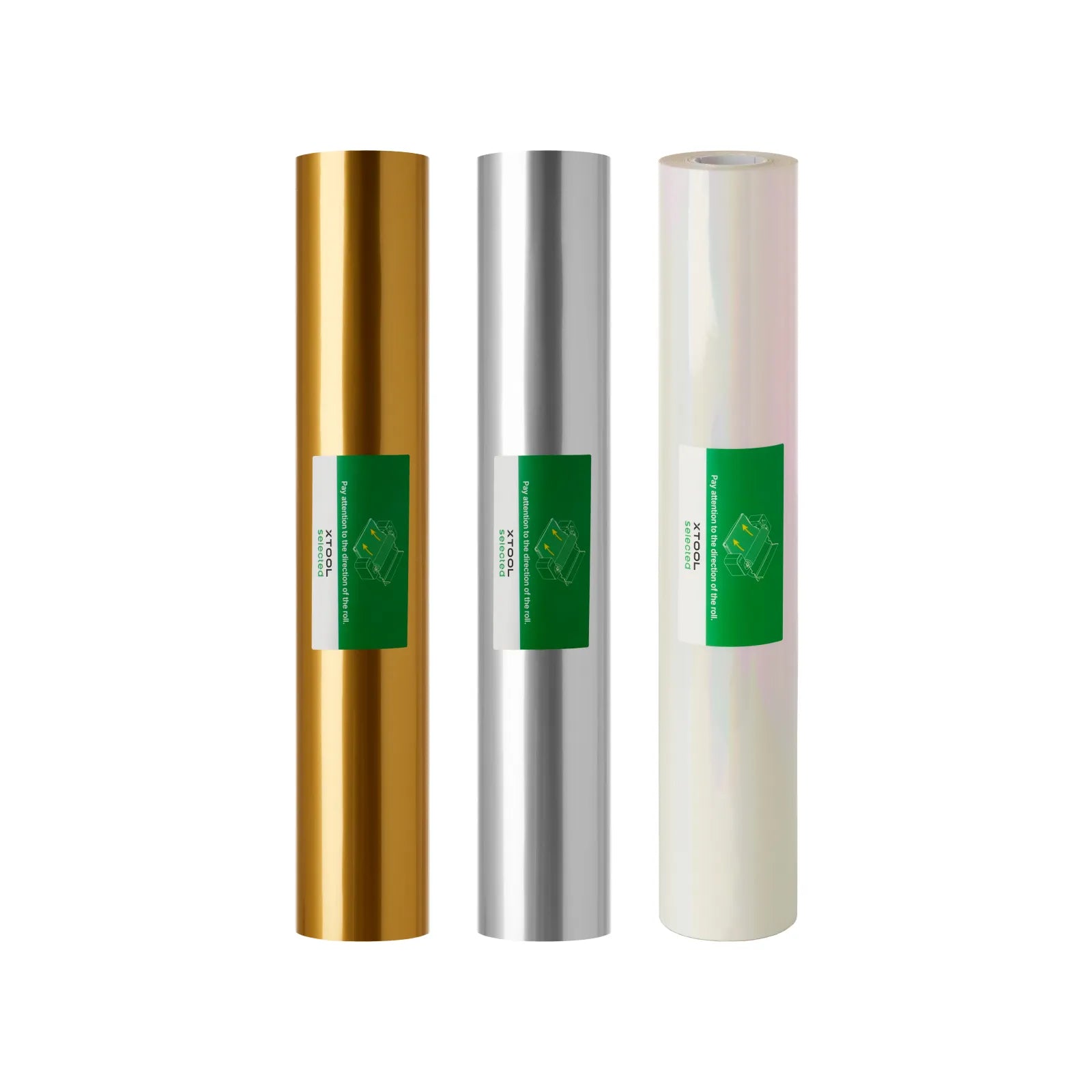 Los tres rollos de foil de estampacion de xTool: oro, plata y holografico