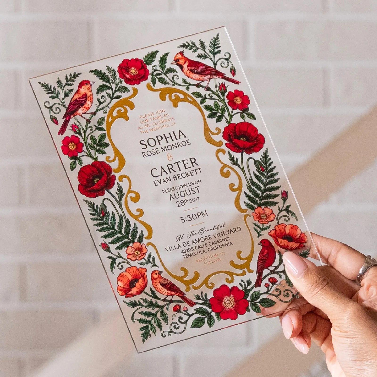 Invitacion de boda en metacrilato transparente con estampacion dorada
